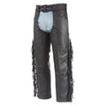 Angled front view mens leather fringe chaps with belt and western fit