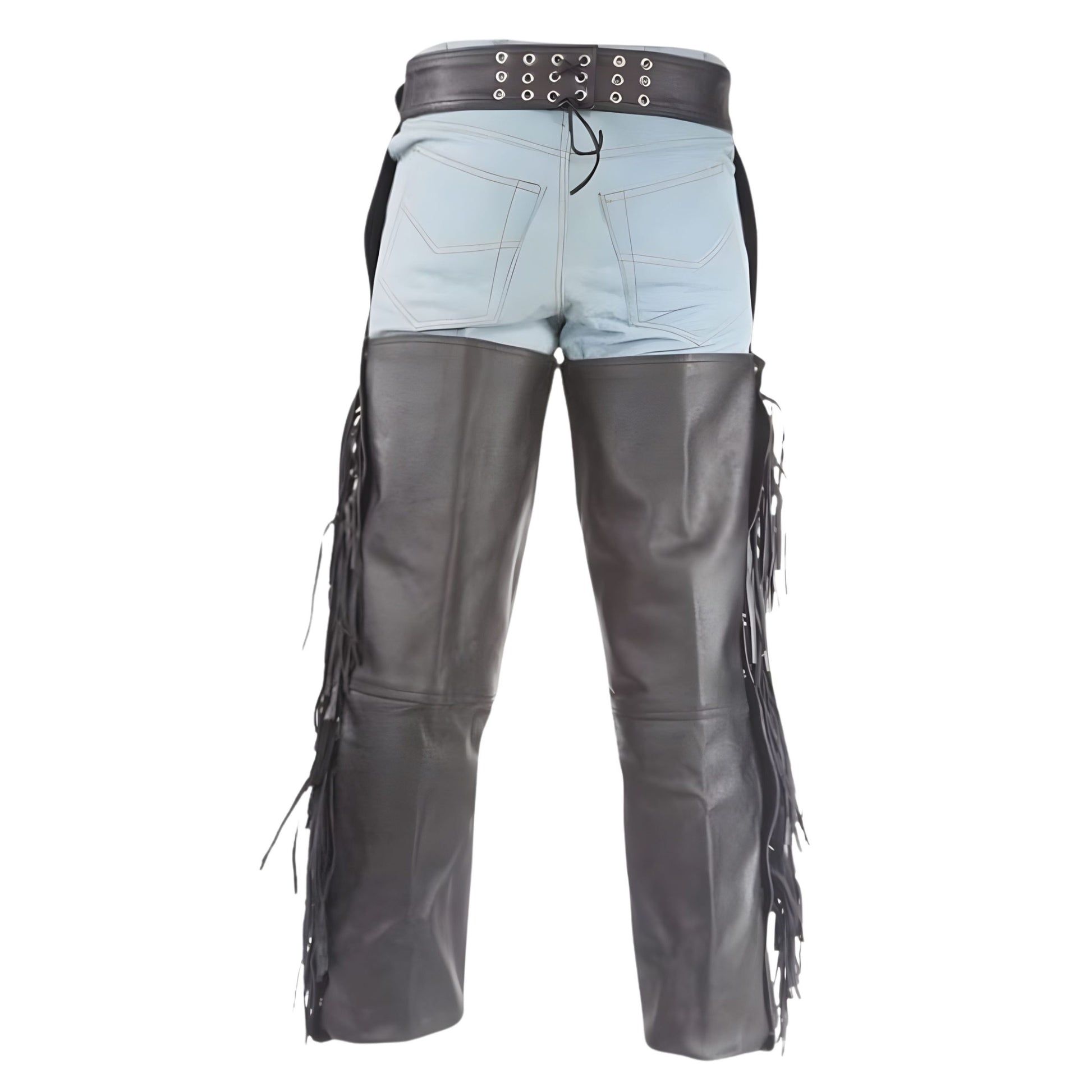 Back view cowboy leather chaps with adjustable lace waist and fringe