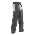Side view mens western leather chaps with long fringe detailing