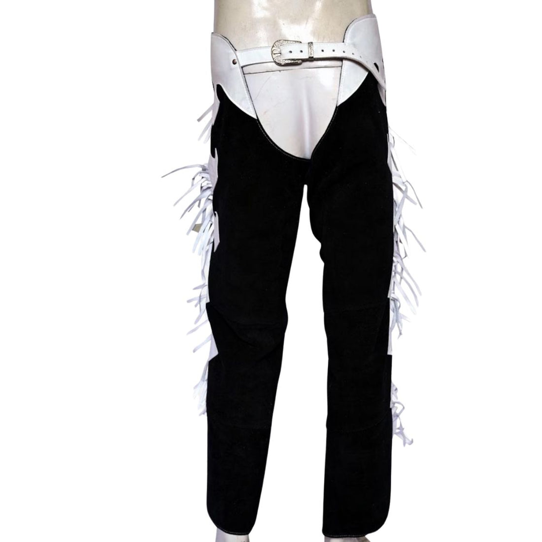 mens black suede chaps white fringe front view