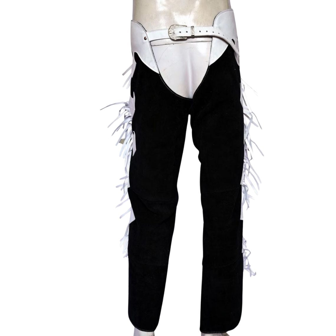 mens black suede chaps white fringe front view