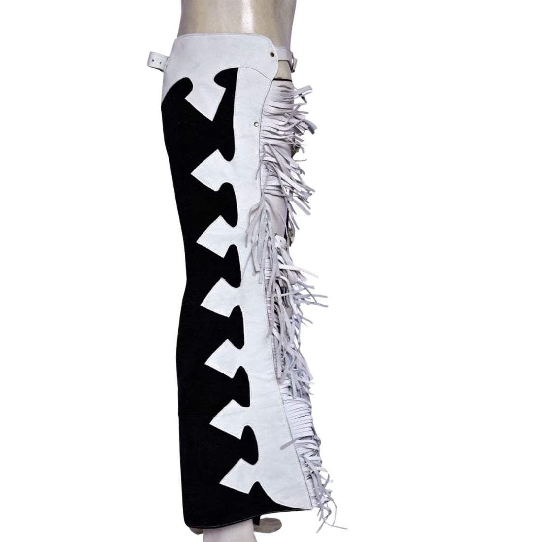 mens black suede chaps white fringe front view