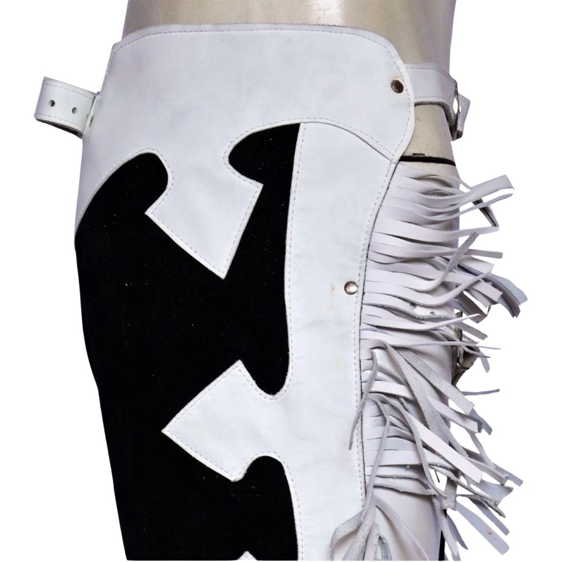 black and white leather chaps side fringe detail