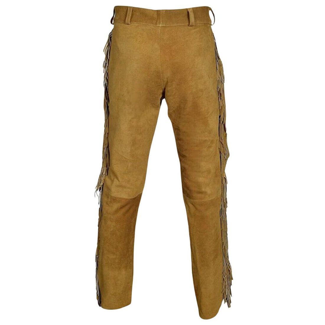 mens tan suede fringe chaps front view