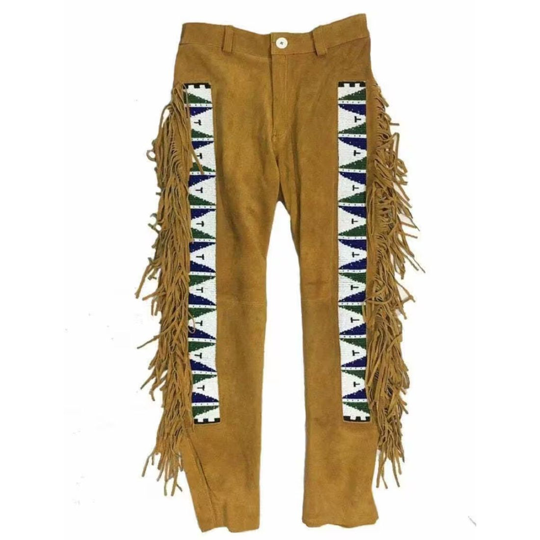 mens tan suede fringe chaps front view