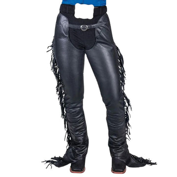 mens black leather fringe chaps front view