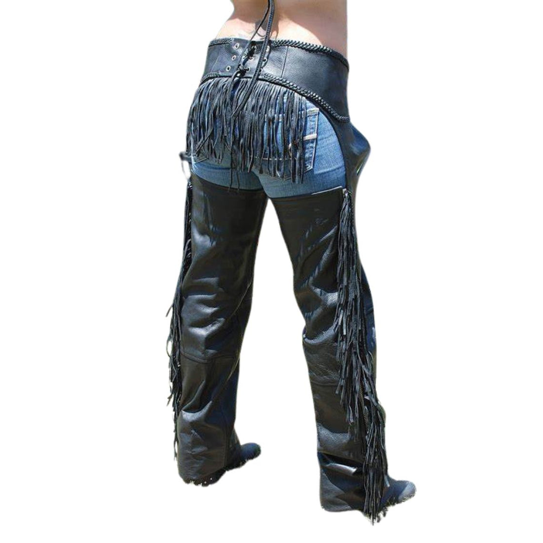 mens black fringe chaps front angle view