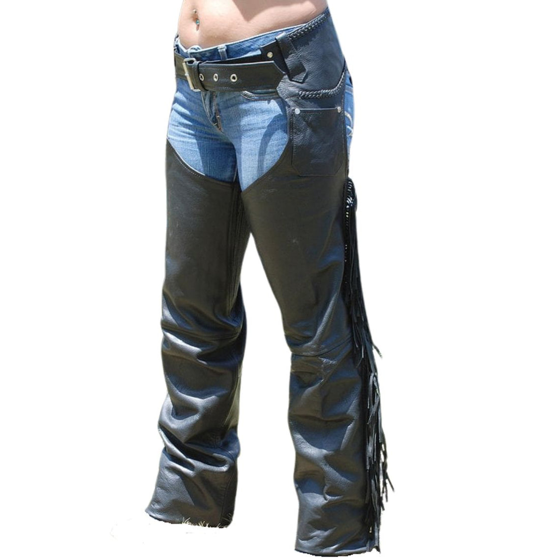 mens black fringe chaps front angle view