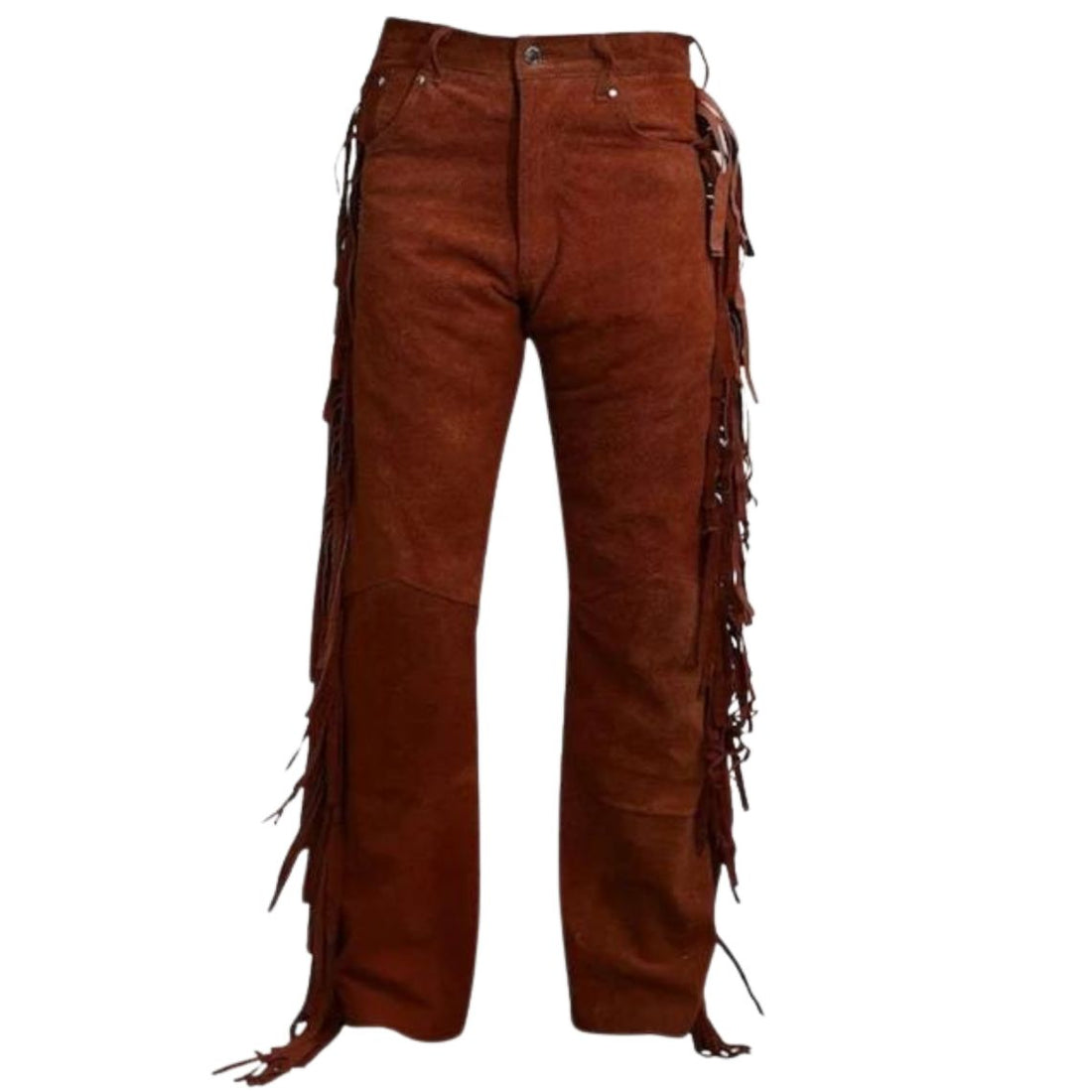 mens brown suede fringe chaps front view
