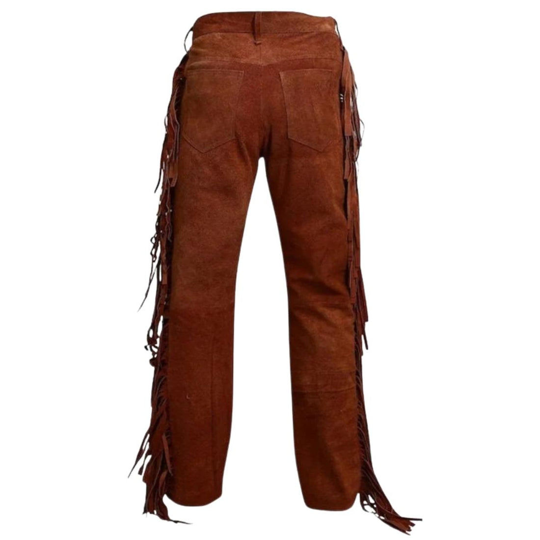 mens brown suede fringe chaps front view