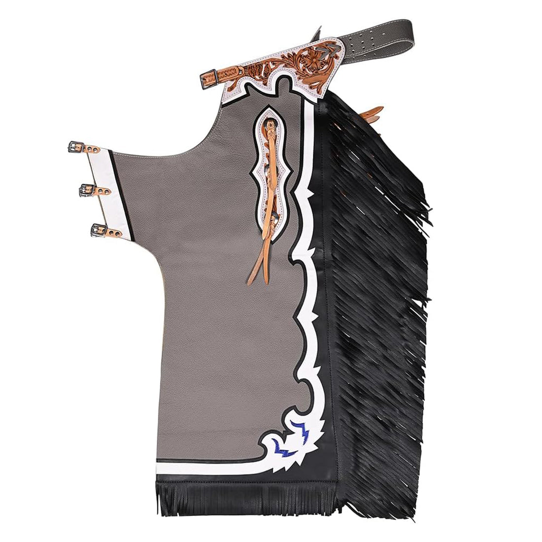 Full view of gray western chaps with black fringe design