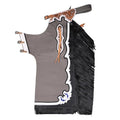 Full view of gray western chaps with black fringe design