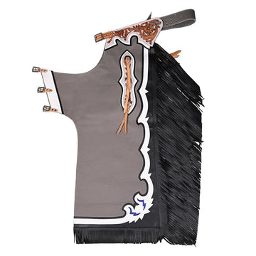Full view of gray western chaps with black fringe design