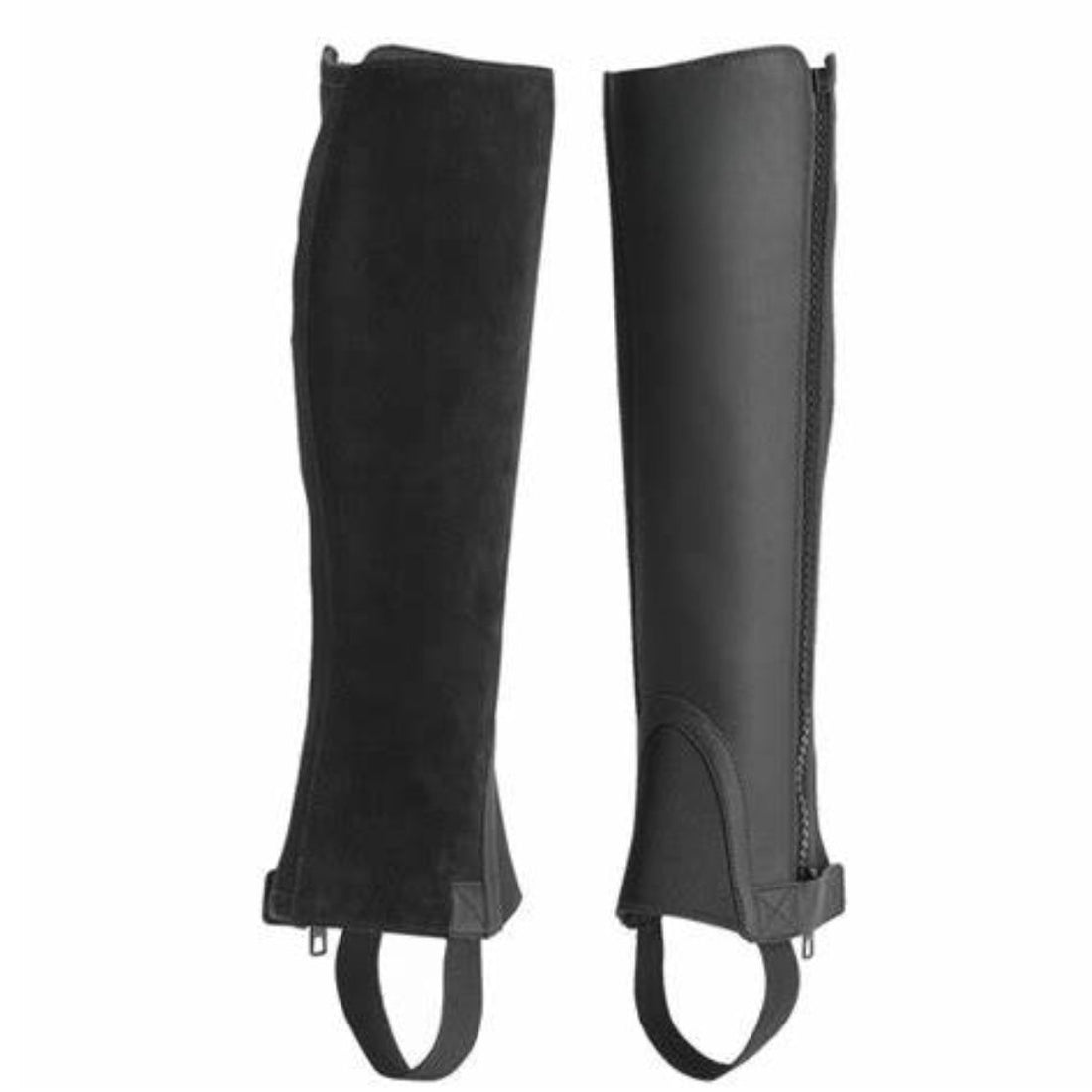 mens black leather half chaps full pair front and back view