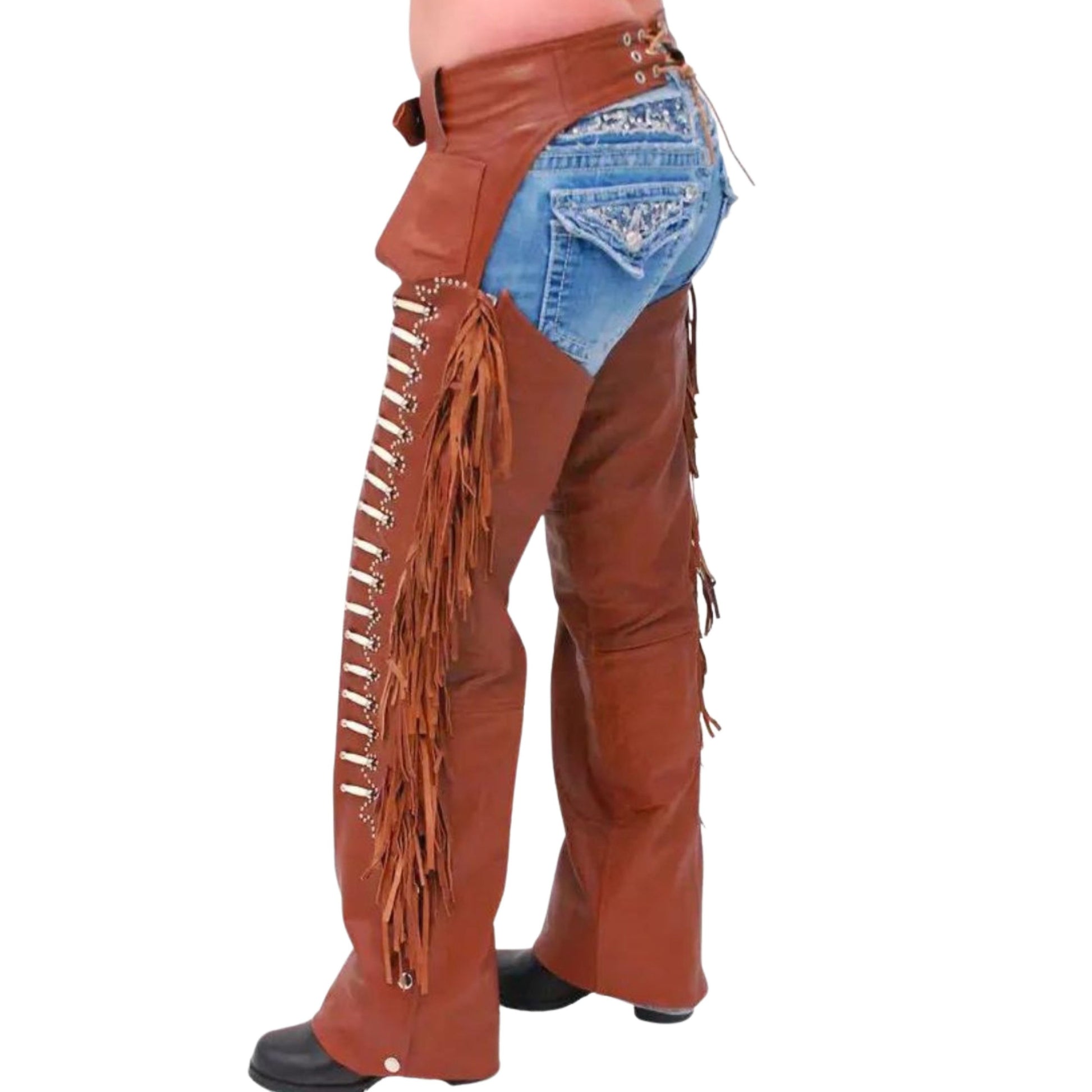 mens brown leather fringe chaps side view