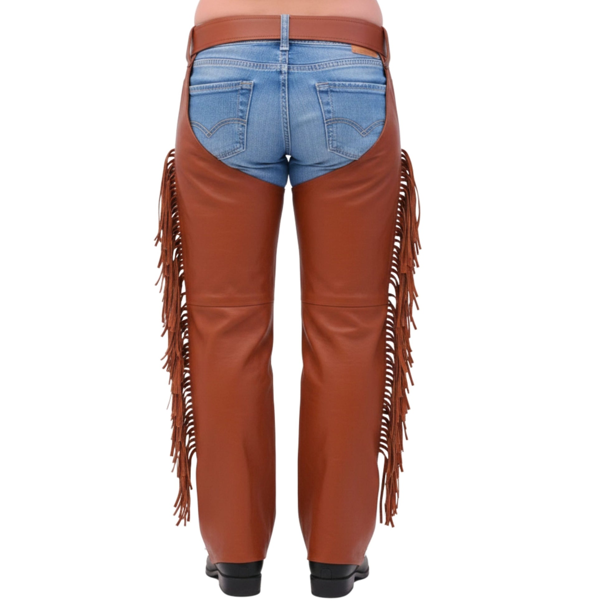 western cowboy leather chaps back view fringe