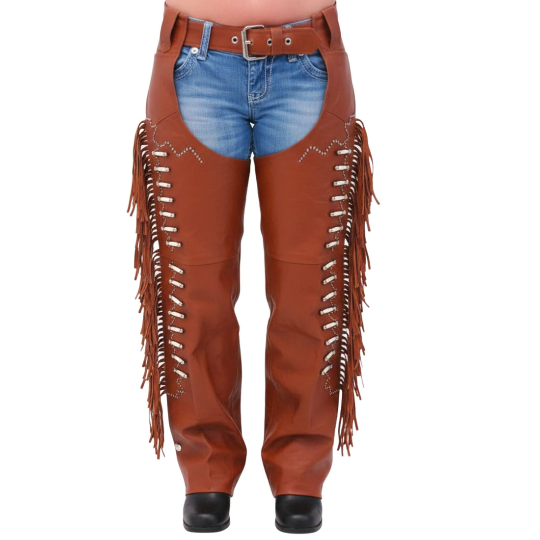 front view brown leather western chaps men