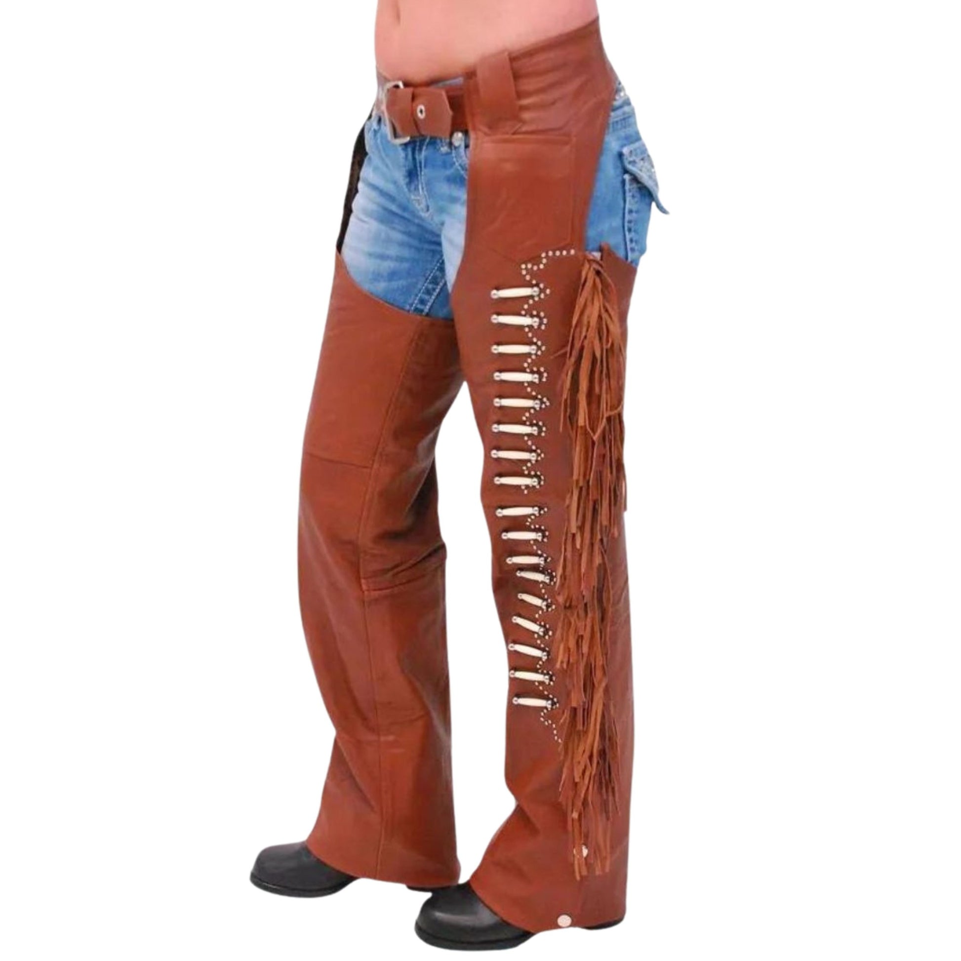 fringe detail cowboy leather chaps close view