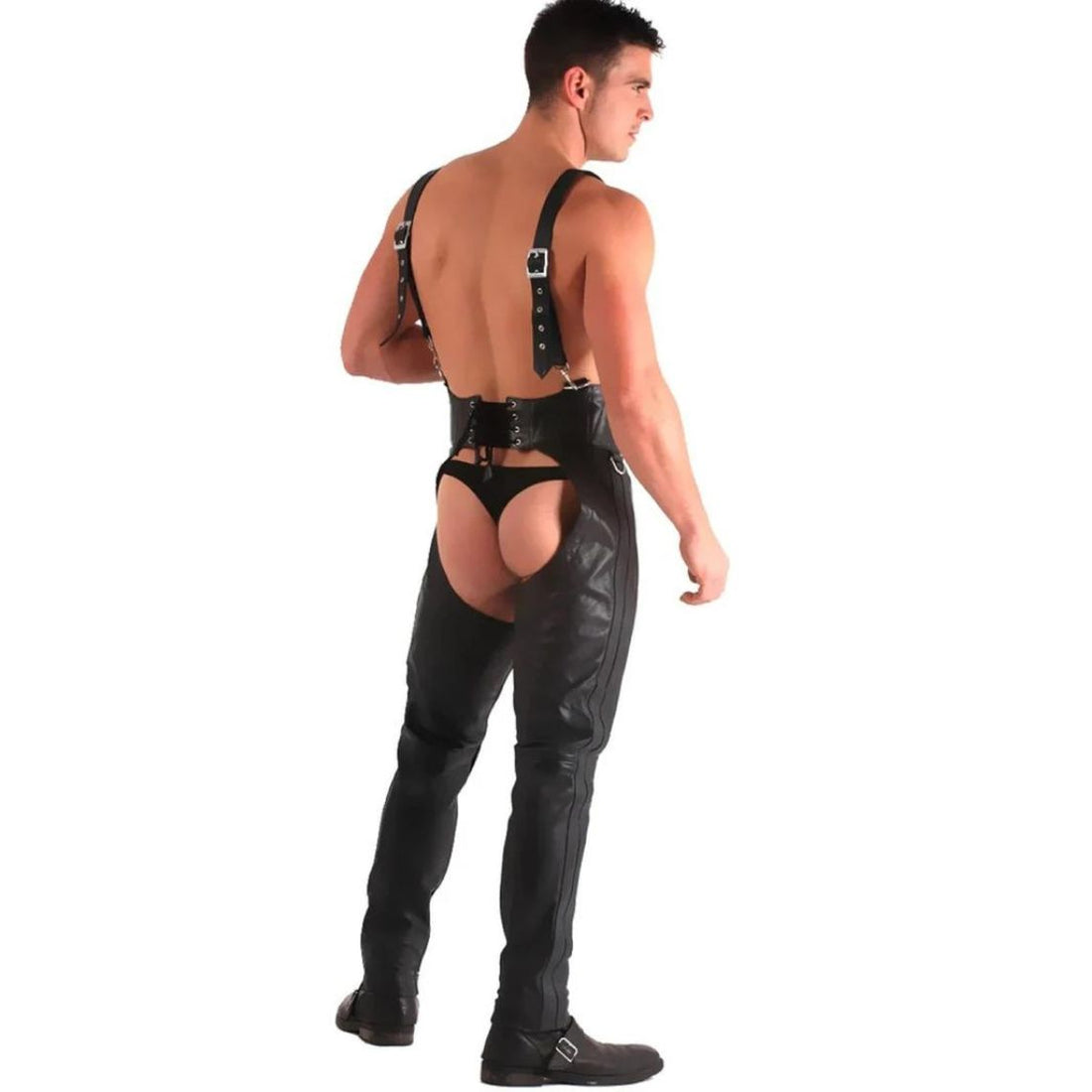Front view mens black leather chaps harness western style full length