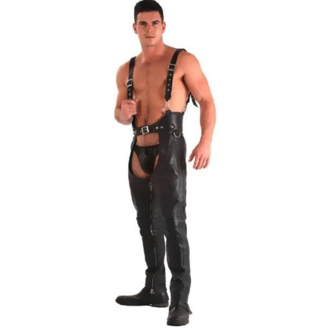 Front view mens black leather chaps harness western style full length