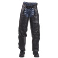 Mens black leather motorcycle chaps with braided sides front view