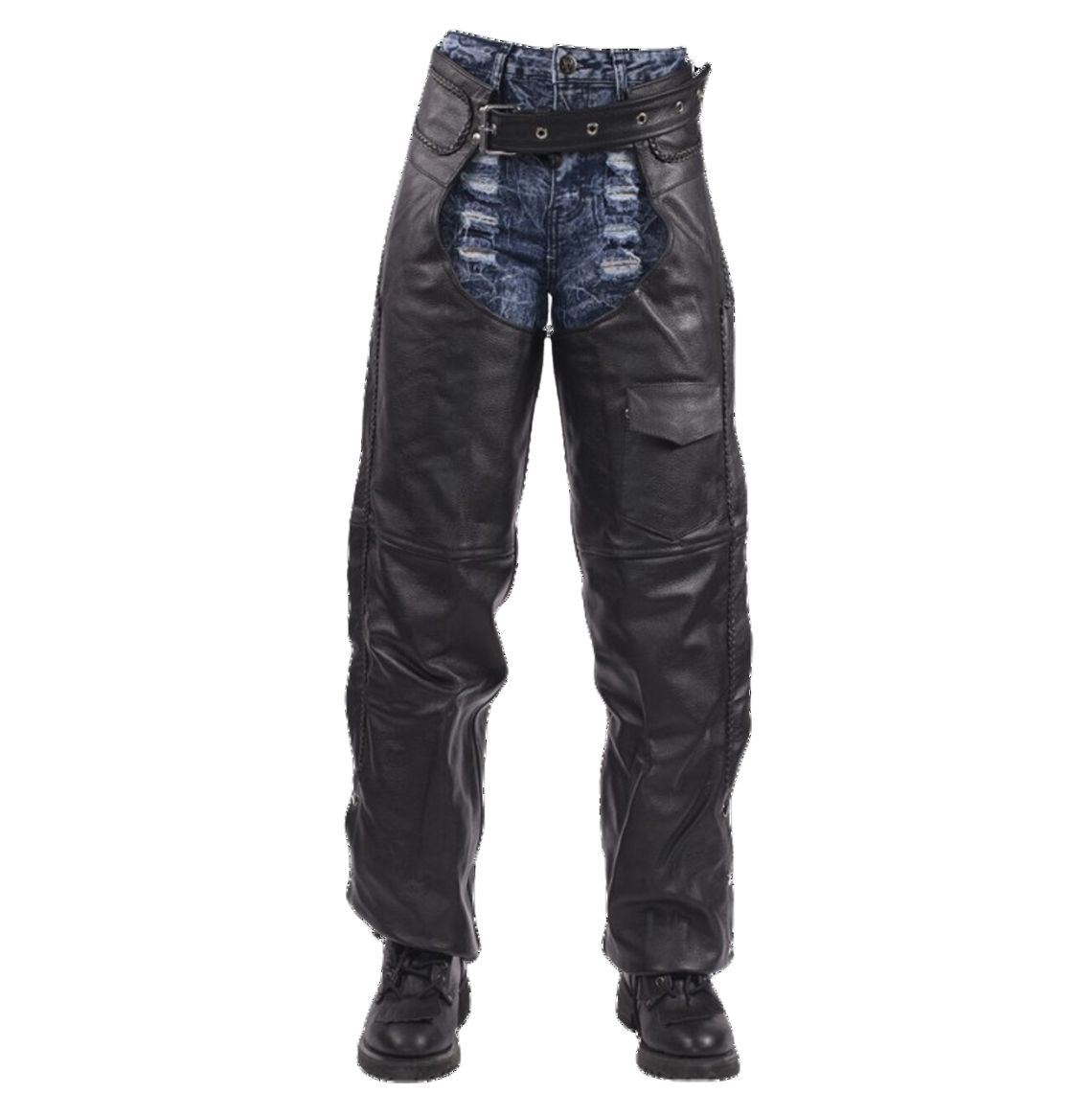 Mens black leather motorcycle chaps with braided sides front view