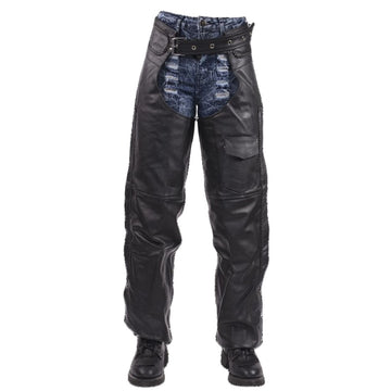 Mens black leather motorcycle chaps with braided sides front view