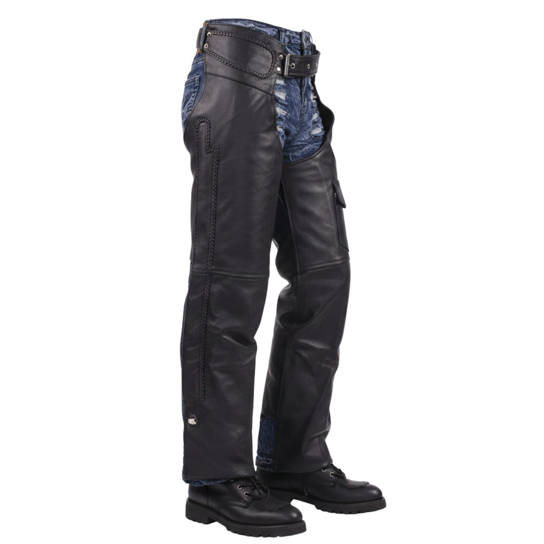 Mens black leather motorcycle chaps with braided sides front view