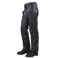 Angled view mens biker leather chaps with zipper and buckle fit