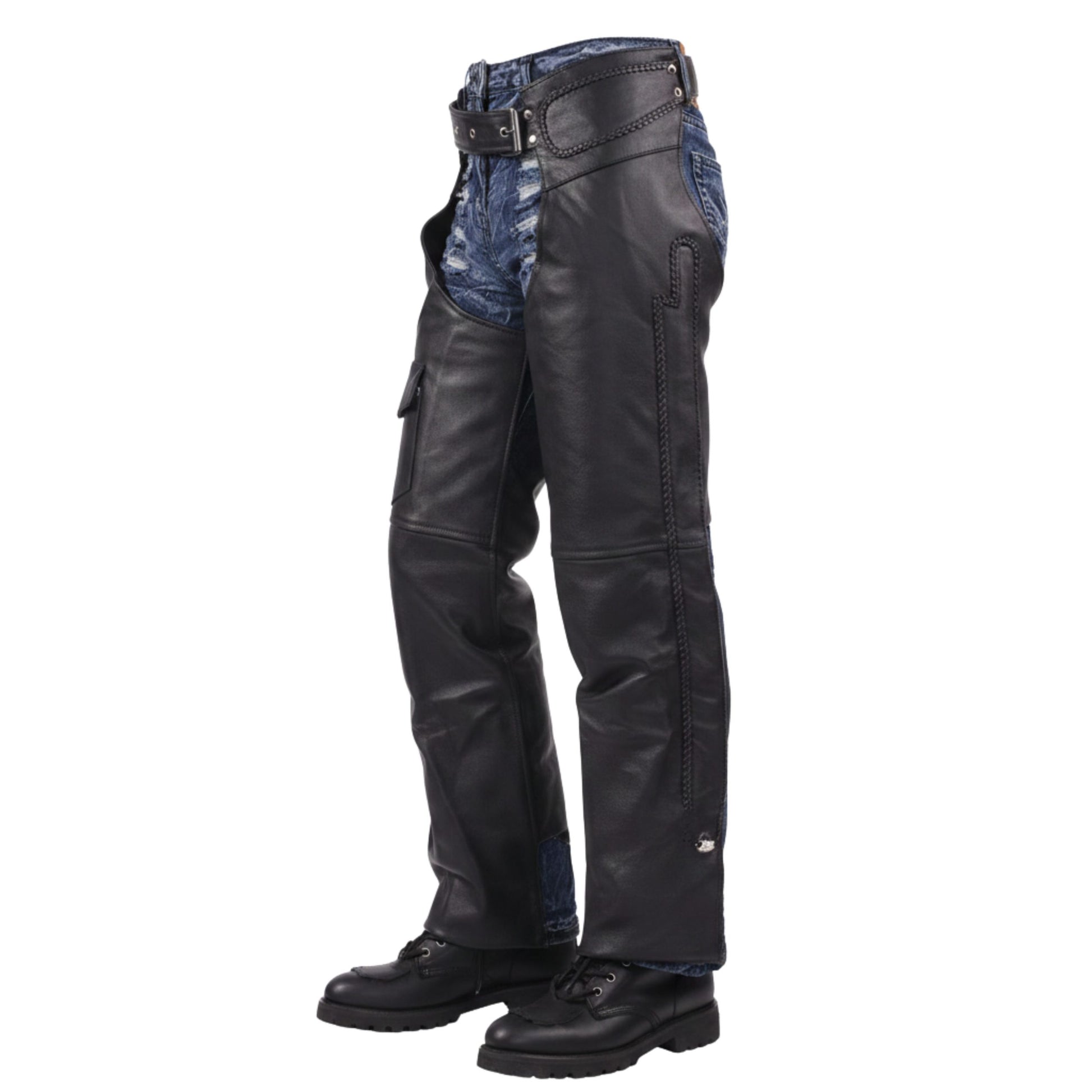 Angled view mens biker leather chaps with zipper and buckle fit
