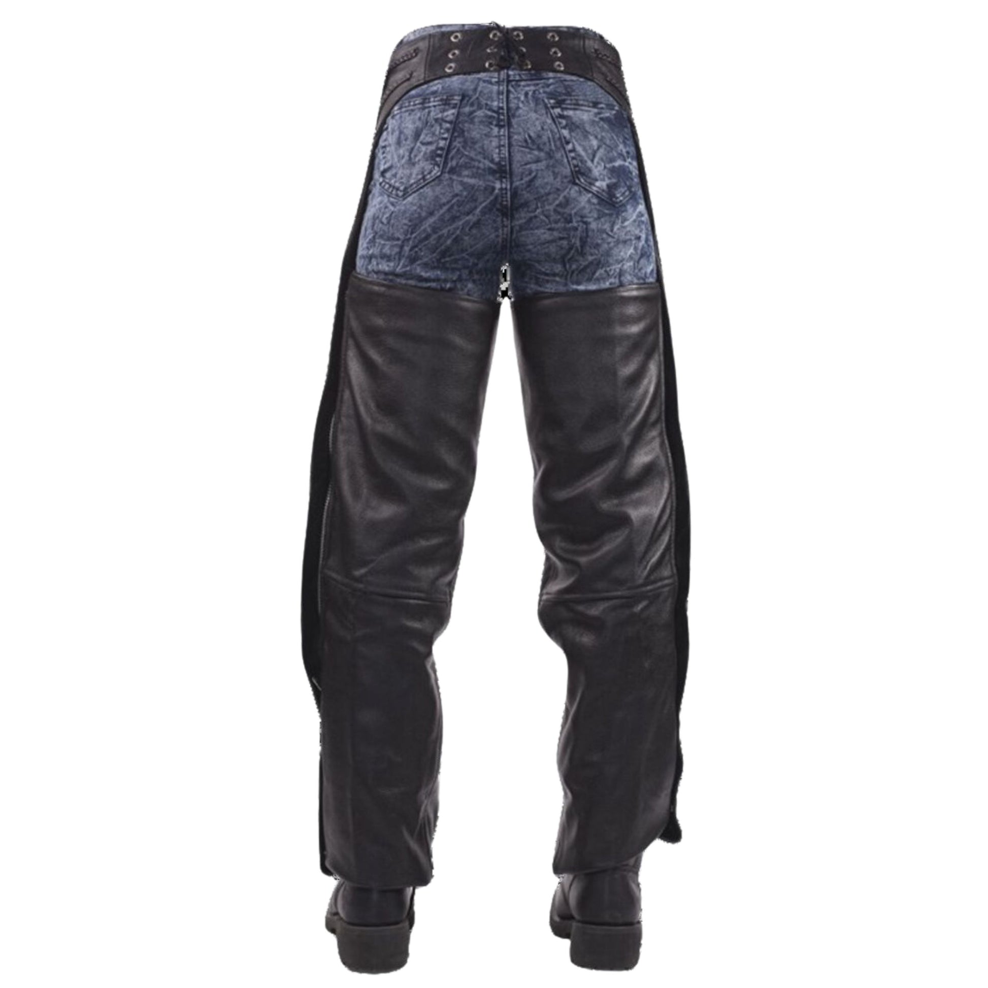 Back view black leather motorcycle chaps classic riding style