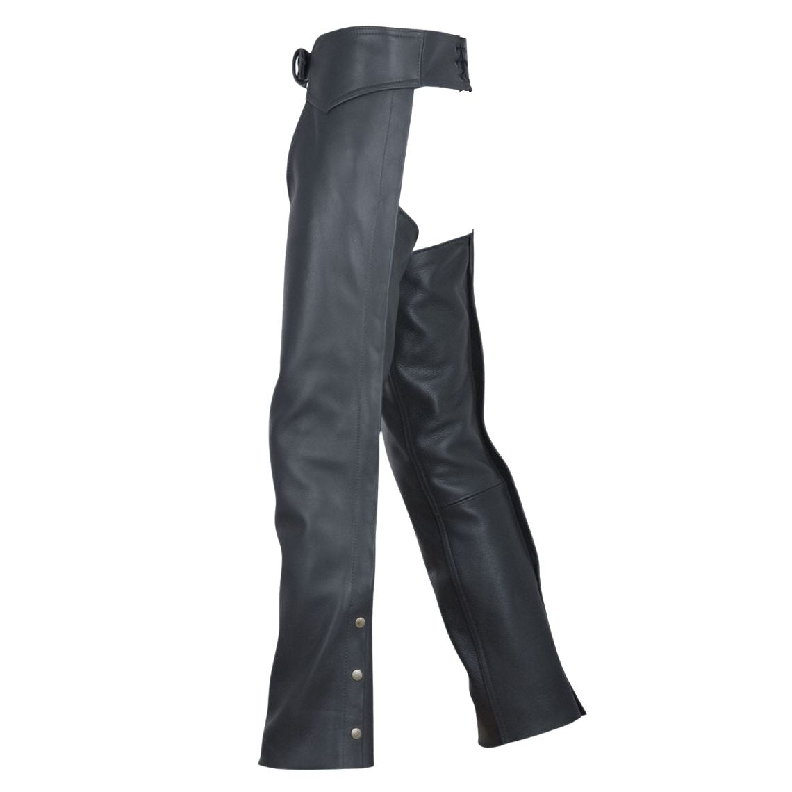 Side view black leather riding chaps with smooth finish