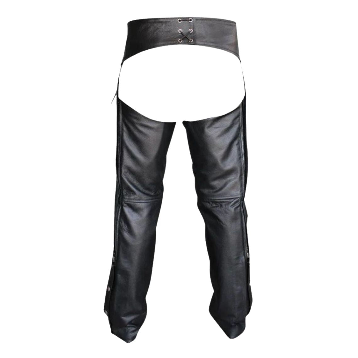 Back view mens leather chaps traditional western style