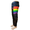 Mens rainbow leather chaps side view with lace-up design