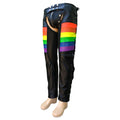 Detailed view mens leather chaps with colorful panels and hardware