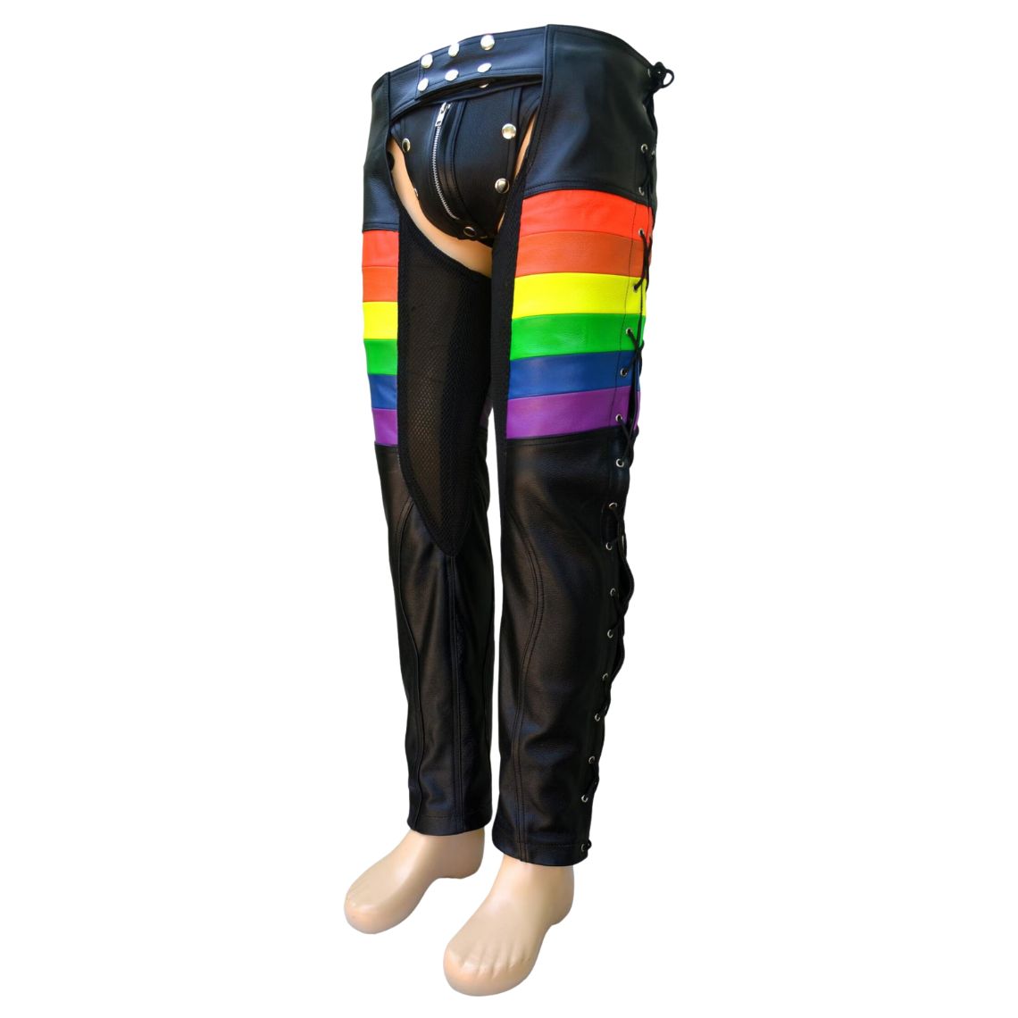 Detailed view mens leather chaps with colorful panels and hardware