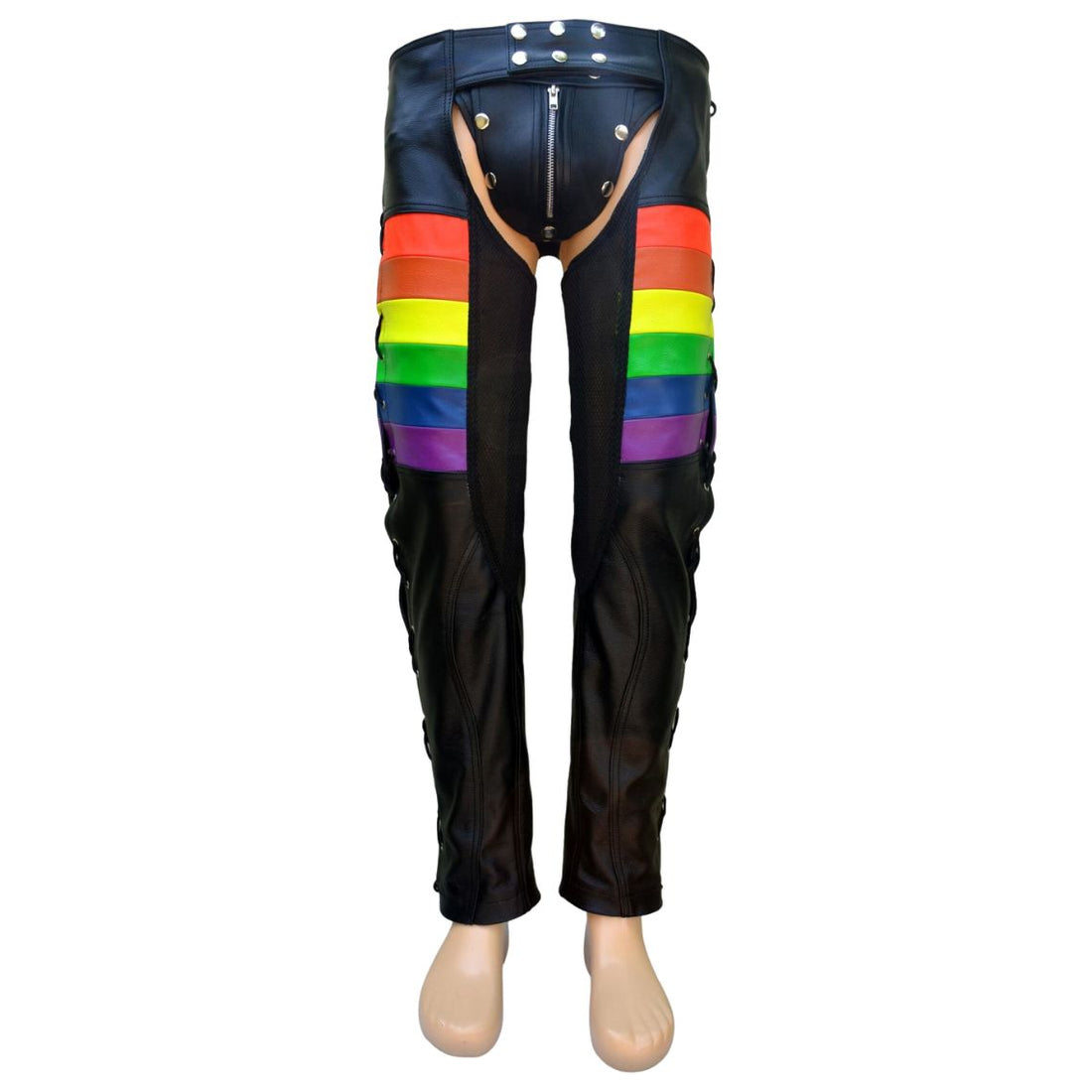 Front view black leather chaps with rainbow stripe panels