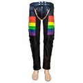 Front view black leather chaps with rainbow stripe panels