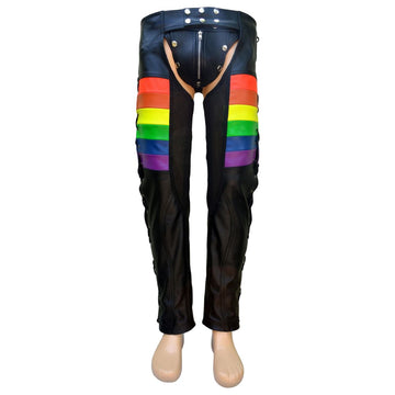Front view black leather chaps with rainbow stripe panels