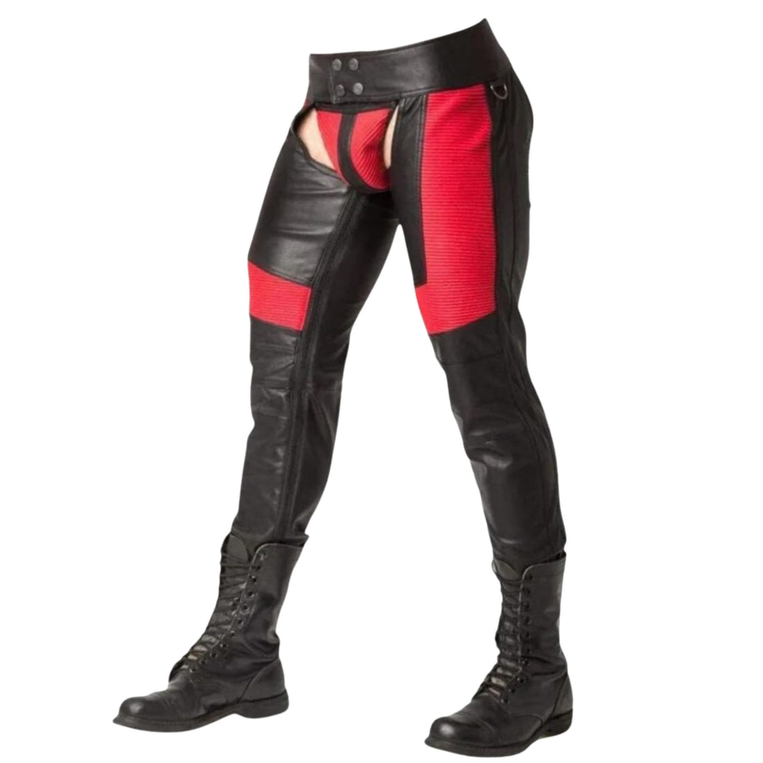 Mens black red leather chaps front view biker style