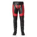 Mens black red leather chaps front view biker style