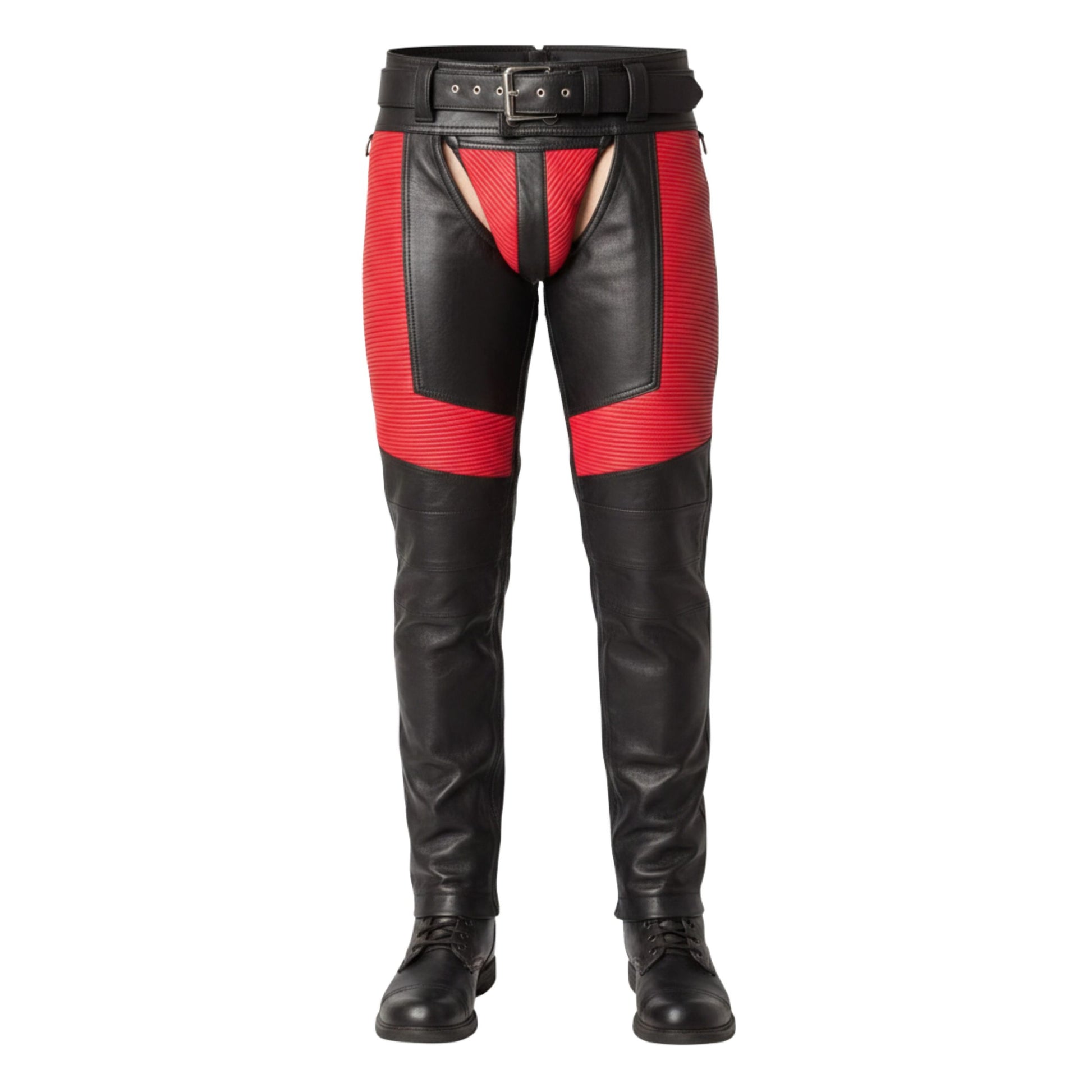 Mens black red leather chaps front view biker style