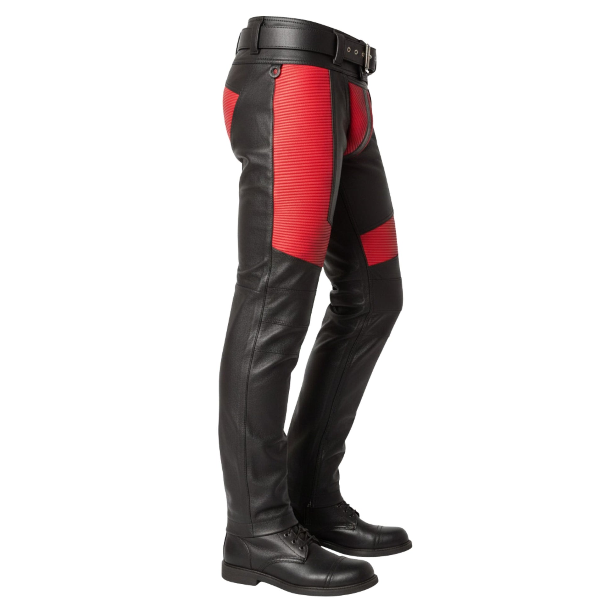 Side angle black leather chaps with red panel detailing