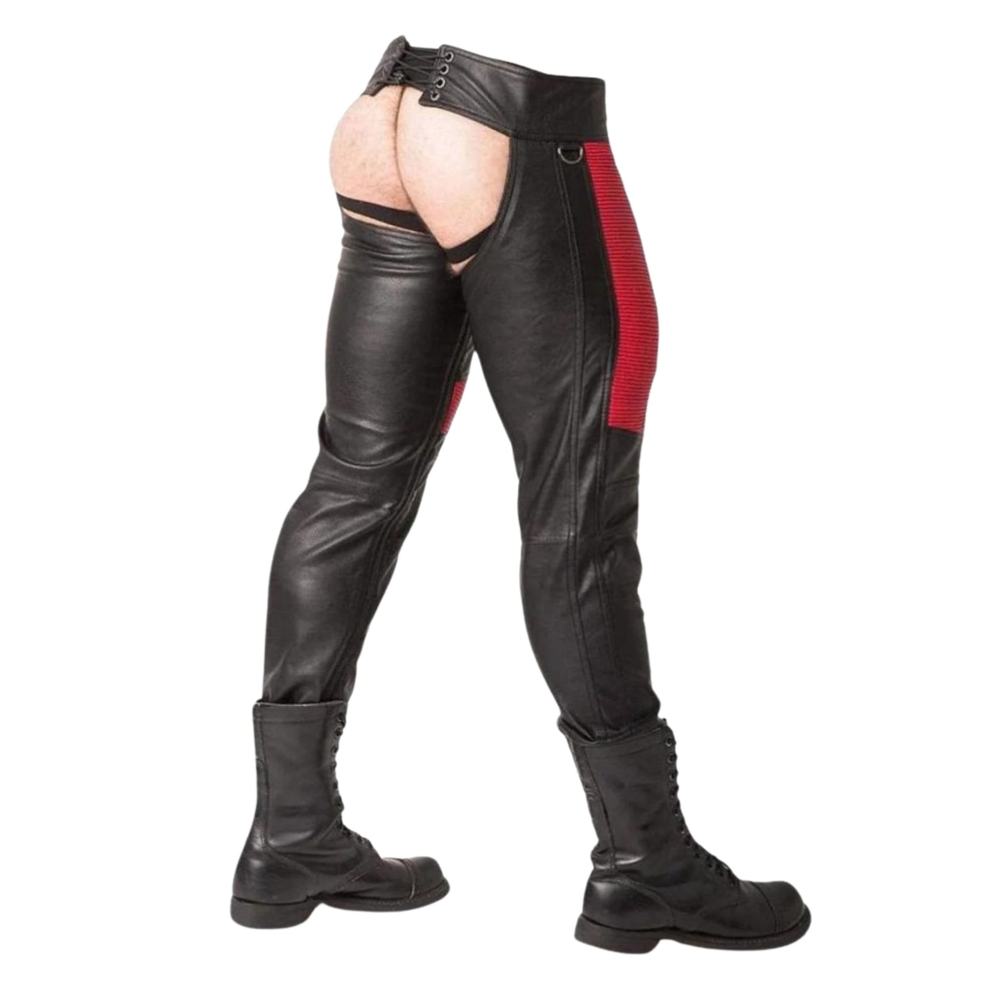 Back view black red leather chaps classic open design