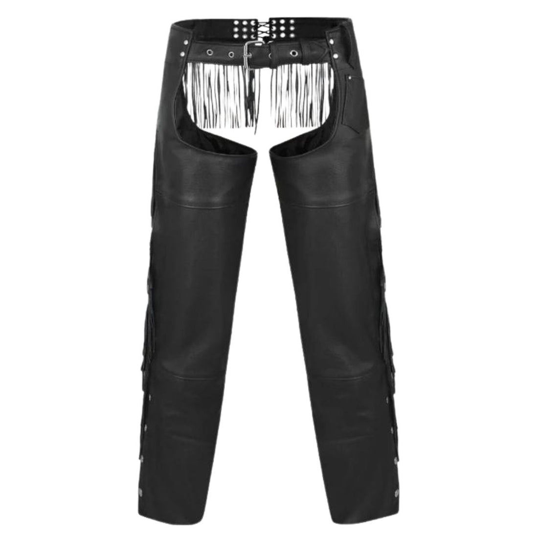 Mens black leather fringe chaps front view Western style