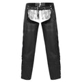 Mens black leather fringe chaps front view Western style