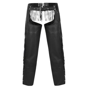 Mens black leather fringe chaps front view Western style