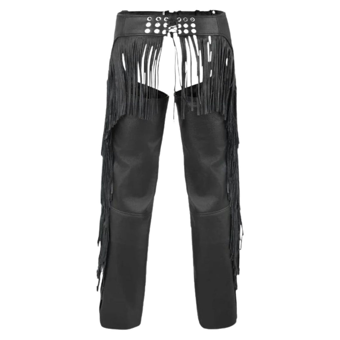 Mens black leather fringe chaps front view Western style