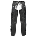 Back view black leather chaps with long fringe detailing