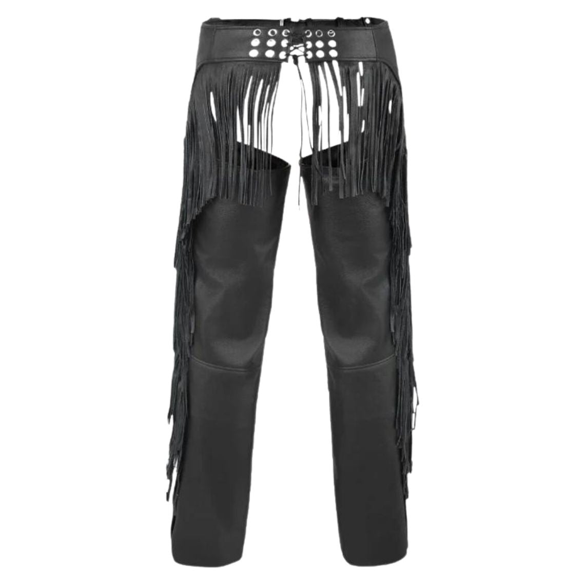 Back view black leather chaps with long fringe detailing